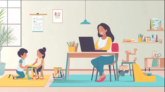 Illustration of a single mother working on a computer with her two children playing around her.